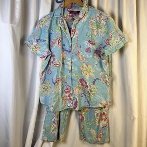 Lauren Ralph Lauren  Blue Cotton Floral Button-Down Pajama  Shirt And Pants Sz L